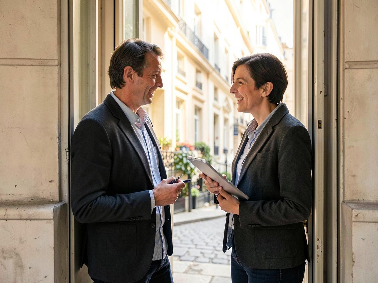 Deux membres de l'équipe VIZY échangent devant un immeuble